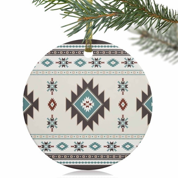 Farm Aztec Bohemian Geometric Christmas Ceramic Ornament 2025,3" Round Xmas Tree Hanging Accessories with Gold Ribbon
