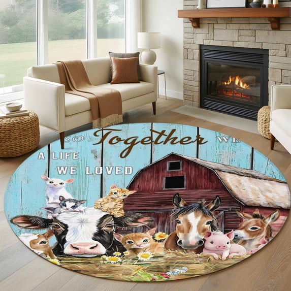 Farm Barn 8FT Round Area Rugs for Living Room Cow Pig Horse Sheep Farmhouse Animal Wood Board Ultra-Thin Non-Slip Round Rugs Machine Washable Low Pile Circle Carpet for Bedroom Kitchen Nursery
