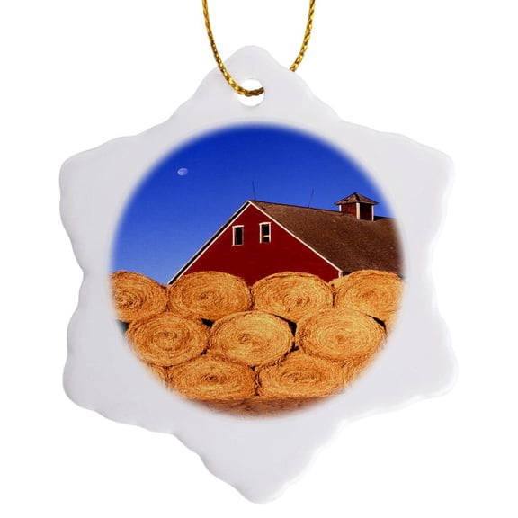 3drose, Farm Barn Hay Bales Stacked, 3 inch Snowflake Porcelain Ornament