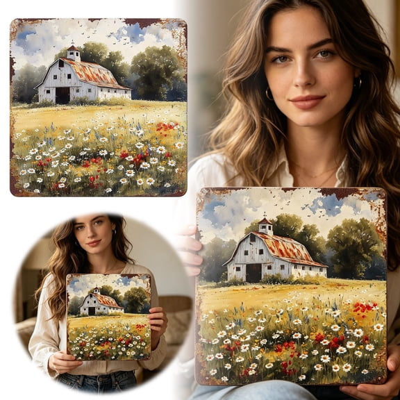 Farm Barn Metal Tin Sign, Iron Brown 30cm, Farmhouse Scenery, Country Barn & Field, Wall Art, Ideal for Living Rooms, Kitchens, and Cabins.