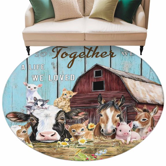 Farm Barn Round Area&nbsp;Rug 5ft Cow Pig Horse Sheep Non-Slip&nbsp;Washable Circle Rugs Soft Felt Indoor Floor Mat for Bedroom Kitchen Living Room Bathroom