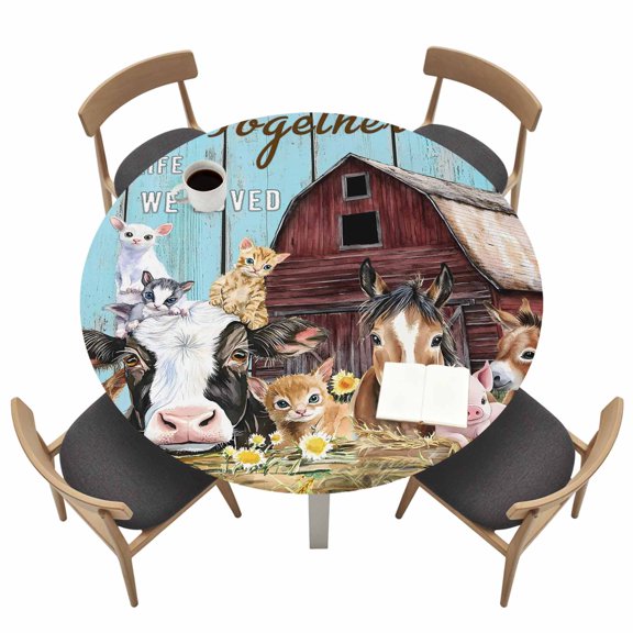 Farm Barn Round Fitted Tablecloth with Elastic Edge Cow Pig Horse Sheep Table Cover Fit for 36"-44" Tables Waterproof Tablecloths for Dinner Camping Picnic