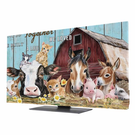 Farm Barn TV Dust Cover 24 Inch, Cow Pig Horse Sheep Farmhouse Animal Wood Board Computer Monitor Cover Dustproof Stretchable Indoor TV Screen Protector for LED LCD Universal Monitors