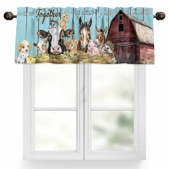 Farm Barn Valances for Windows, 42 x 12in, Cow Pig Horse Sheep Farmhouse Animal Wood Board Rod Pocket Kitchen Valance Curtain Light Filtering Window Treatments for Living Room Bedroom, 1 Panel