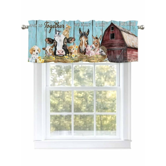 Farm Barn Valances for Windows Cow Pig Horse Sheep Farmhouse Animal Wood Board Kitchen Valance Curtain Rod Pocket Small Curtains for Cafe Bathroom Laundry Basement 54" x 18"