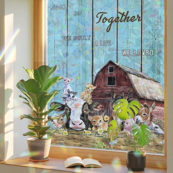 Farm Barn Window Privacy Film, Pig Horse Sheep Stained Glass Rainbow Film Decorative Window Clings, Static Cling Sun Blocking Stickers 17.7" x 39.3"