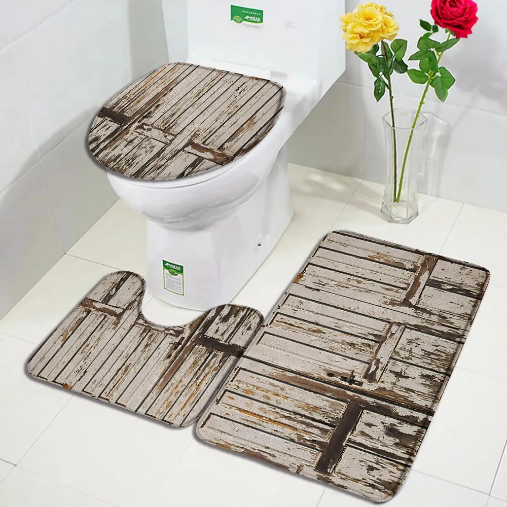 Farm Barn Wooden Door Bath Mat Set Brown Wood Wheel Purple Flower ...