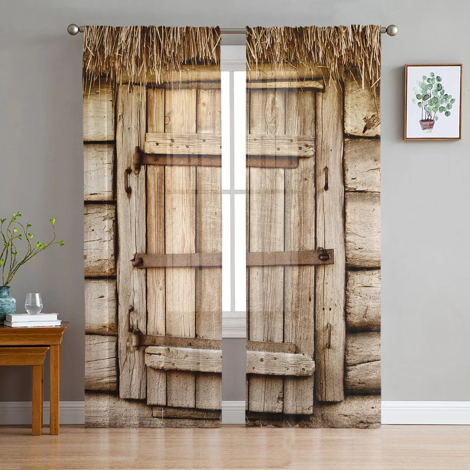 Farm Barn Wooden Door Tulle Curtains for Living Room Print Sheer Voile ...