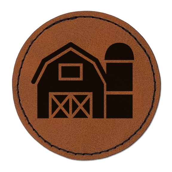 Farm Barn with Silo 2.5" Faux Leather Round Engraved Iron-On Patch - Brown