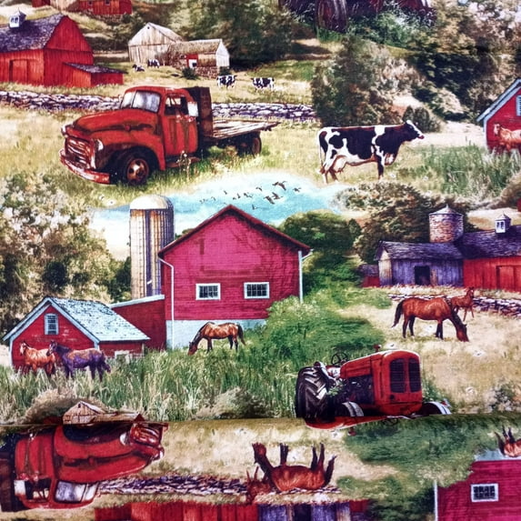 Farm Barns Trucks Red Cotton Fabric