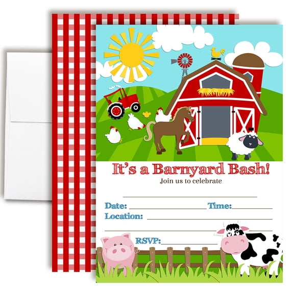 Down on the Farm Barnyard Bash Birthday Invitations for Kids, 20 Fill-In Cards with Envelopes, 5x7 Children's Party Invitations, Birthday Party Supplies, Made in USA by Amanda Creation