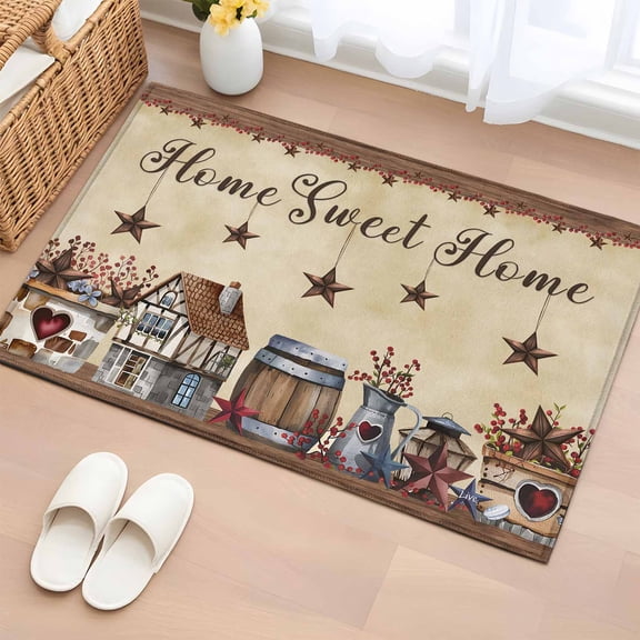 Farm Bathroom Rug Washable 2x3 Entryway Rug Non Slip American Country Barn Star Vintage Berry Brown Front Door Mat Low Pile Indoor Doormat Throw Floor Carpet for Kitchen Bedroom Entrance