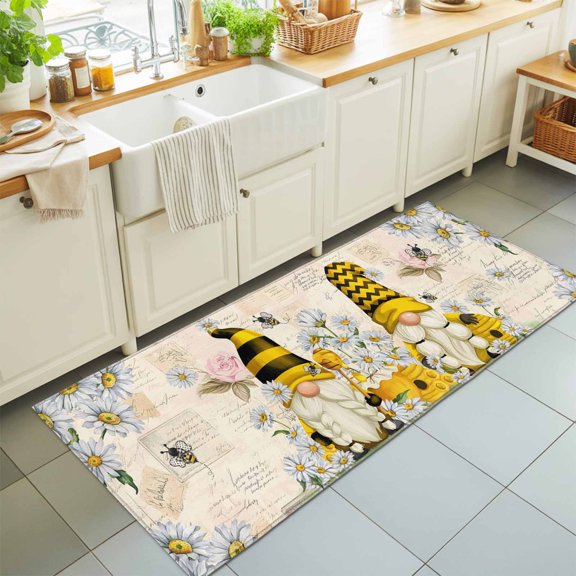 Farm Bee Gnome Daisy Flower Rectangle Area Rug 2x6ft,Living Room Rug Non-Slip Washable Circle Rugs Pad,Vintage Letter Soft Floor Carpet for Bedroom Dining Room