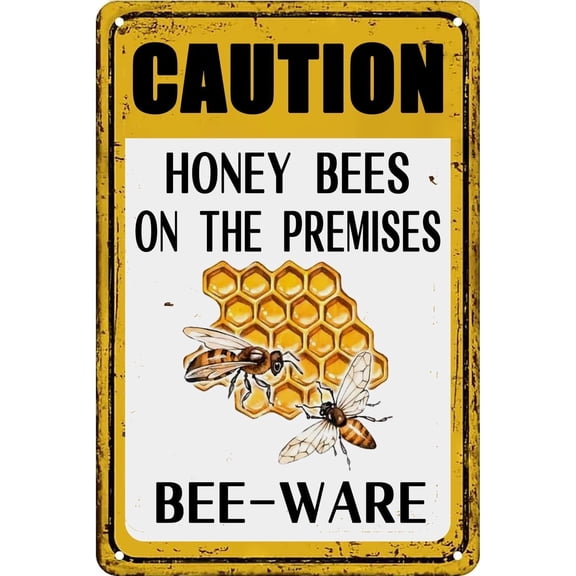 Farm Bee Warning Tin Sign Caution Honey Bees Premises Metal Wall Decor 12x8 Inch