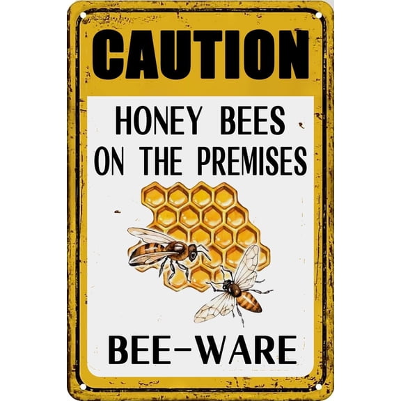 Farm Bee Warning Tin Sign Caution Honey Bees Premises Metal Wall Decor 12x8 Inch