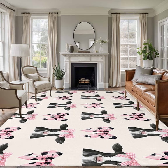 Farm Beige Cow 5'x7' Rug for Living Room Sofa and Coffee Table Layout, Country Watercolor Pink Bow Knot Cute Cow Non Slip Rectangle Area Rug, Machine Washable Indoor Outdoor Mat