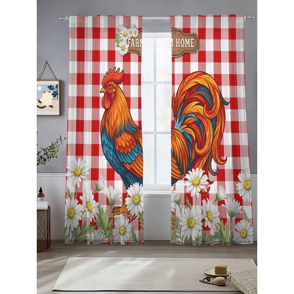 Farm Big Cock Little Daisy Chiffon Sheer Curtains 84 Inches Long Red White Plaid Rod Pocket Window Curtains Voile Drapes Curtains for Living Room Bedroom,2 Panels