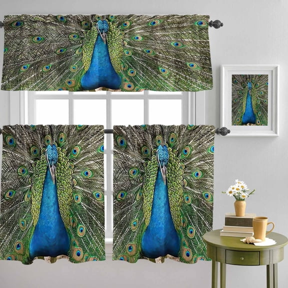 Farm Bird Art Peacock Close-up Curtain Tier and Valance Set 3 Piece, Animal Feather Pattern 3-inch Rod Pocket Window Tier Curtains Valance for Kitchen Living Room