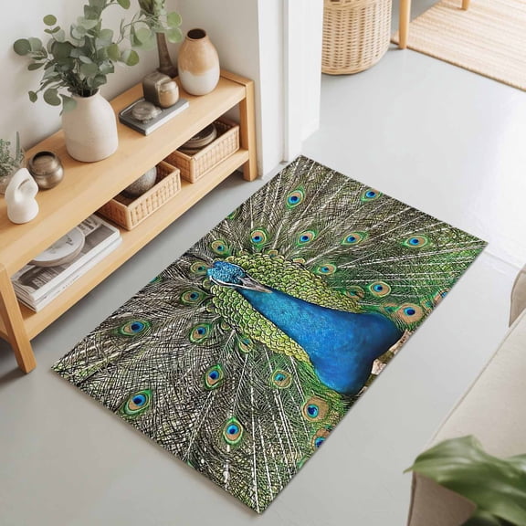 Farm Bird Art Peacock Close-up Rectangle Area Rug 2x3ft,Living Room Rug Non-Slip Washable Circle Rugs Pad,Animal Feather Pattern Soft Floor Carpet for Bedroom Dining Room