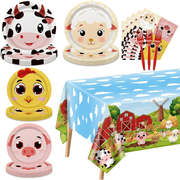 Farm Birthday Party Plates Set for 20 Guests, Including Animals Tablecloth, Napkins, Forks and Farm Plates for Baby Shower Farm Birthday Decorations