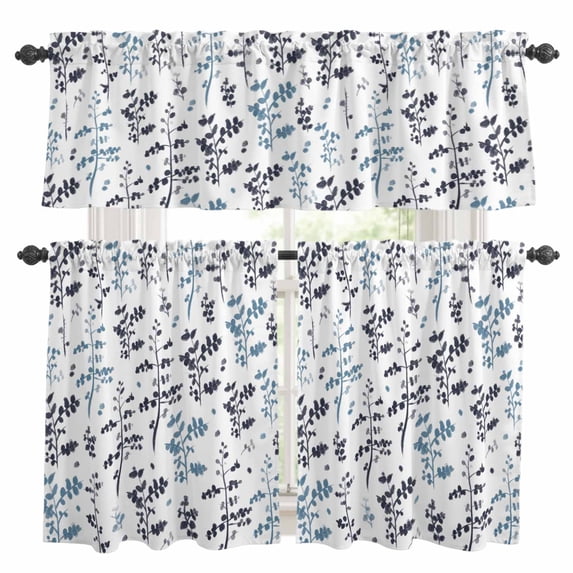 Farm Black Blue Leaves Kitchen Curtains Valances and Tiers Set of 3 Country Style Leaf Floral Retro Plant Tier Curtains and Valance with Rod Pocket for Small Windows, 27.5"x36"