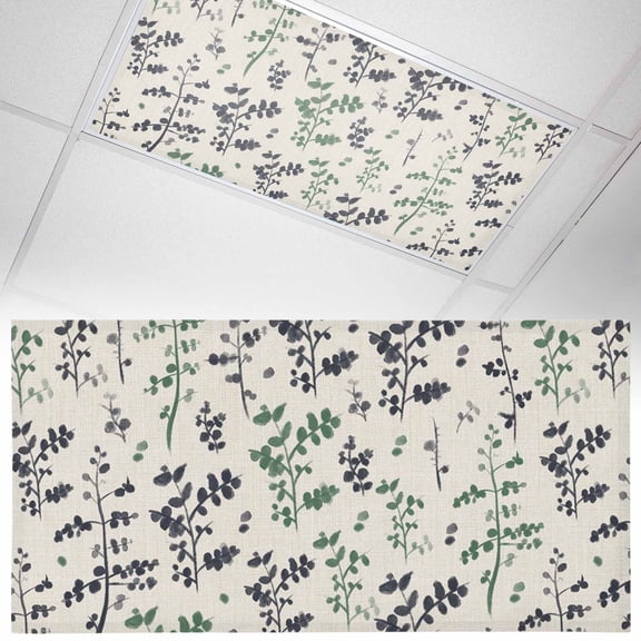 Farm Black Green Leaves Fluorescent Light Covers Country Style Leaf Floral Retro Linen Magnetic Light Filters Ceiling Lighting Panel Shade for Classroom Office Home 2 x 4 ft, 1 Pack