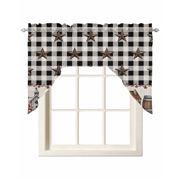 Farm Black Kitchen Swag Valances for Windows, Brown Western Texas Star Plaid Country Berry Swag Valances Curtains for Living Room, Rod Pocket Window Treatments for Bathroom, Bedroom, Cafe, 56"x36"