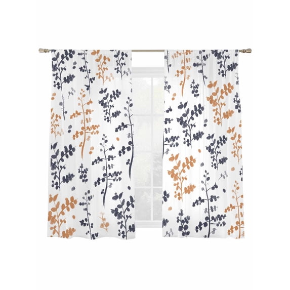 Farm Black Orange Leaves Sheer Curtains 2 Panels Set Country Style Leaf Floral Retro Plant Sheer Window Curtains Light Filtering Rod Pocket Voile Drapes for Bedroom Living Room 52"X72"