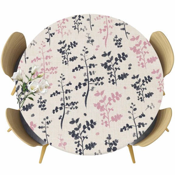 Farm Black Pink Leaves Round Fitted Tablecloth with Elastic Edge, Country Style Leaf Floral Retro Linen Stretch Table Covers for 36"-44" Tables Wipeable Table Cloth for Outdoor
