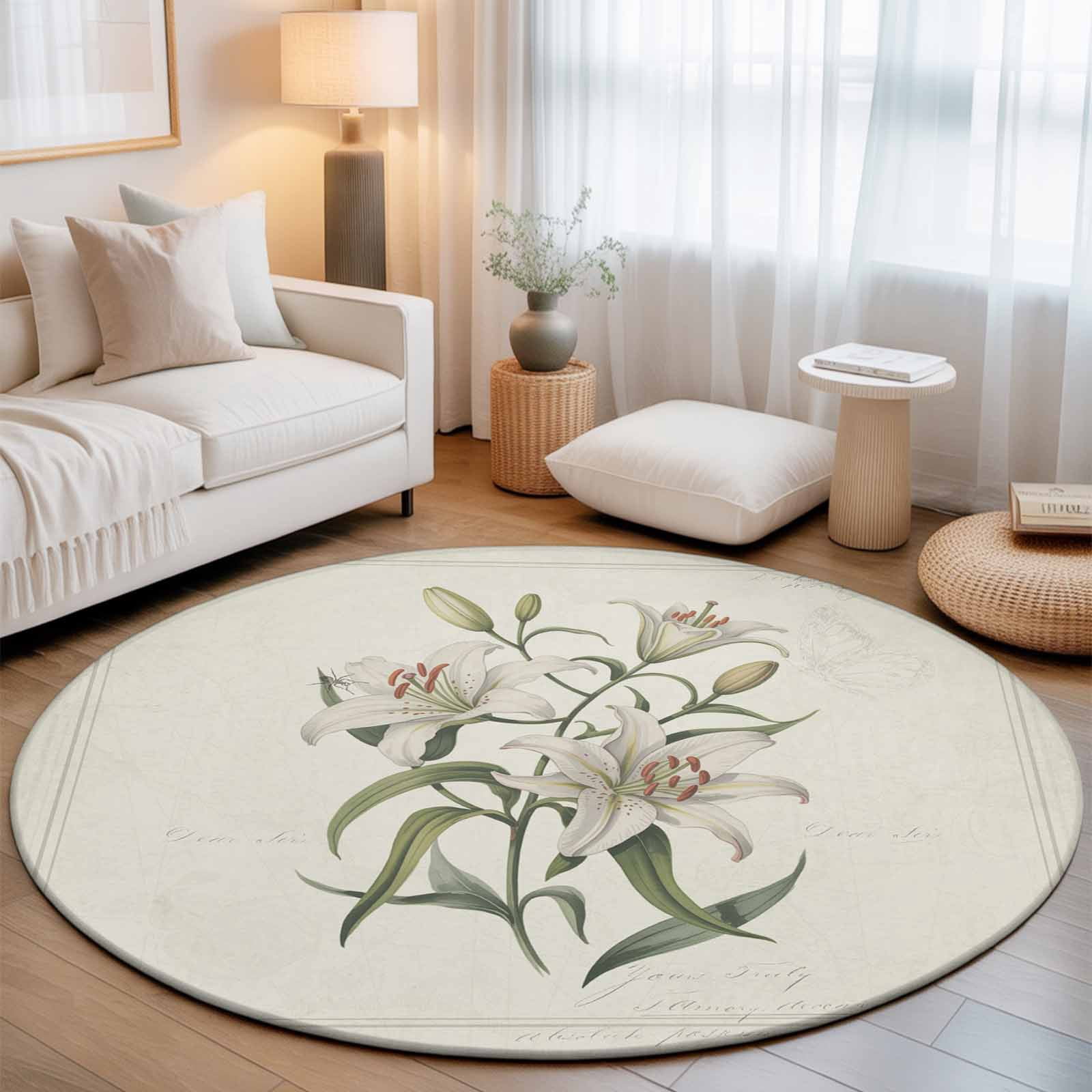 Farm Blossom Lily Flower Leaves Round Rug 5ft Retro Floral on Beige ...