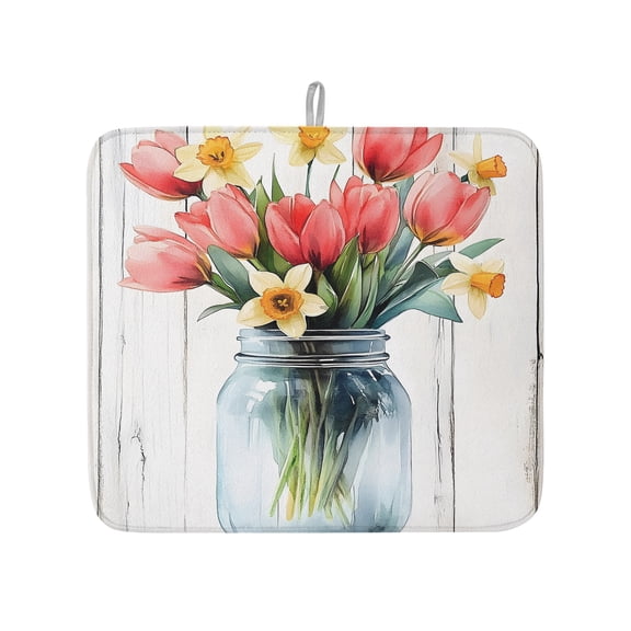 Farm Blossom Tulip Glass Vase Dish Drying Mats for Kitchen Counter,Absorbent Microfiber Dish Drainer Rack Mat Retro White Wood Board Drying Pad for Sinks,Utensils,Countertops,16x18in