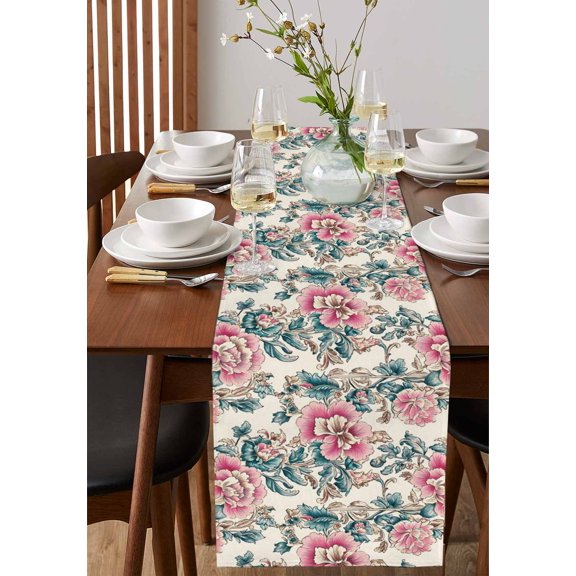 Farm Blossom Tulip Glass Vase Table Runner 13x72in Non-Slip Cotton Linen Table Runners, Retro White Wood Board Dresser Scarves TableRunner for Dinner Kitchen Dining Wedding Party