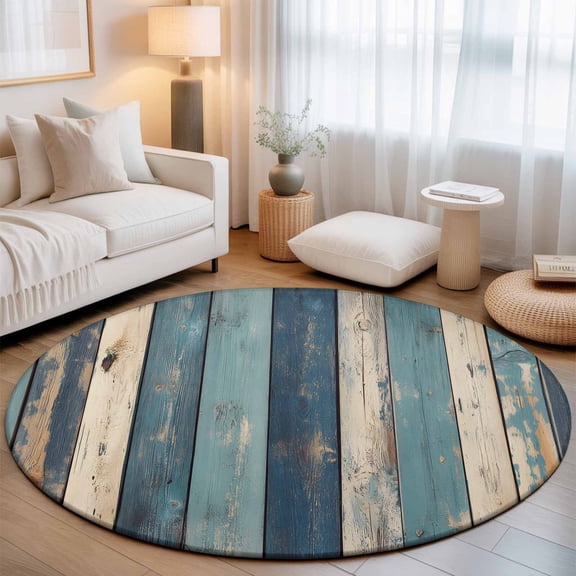 Farm Blue Brown Wood Grain Round Rug 5ft Vintage Wood Barn Washable Area Rugs for Living Room Bedroom Entryway Non Slip Entrance Door Mat Indoor Floor Carpet