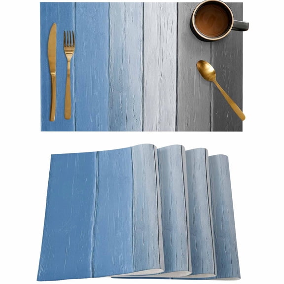 Farm Blue Gradient Wood Board Placemats Set of 4,Wipeable Washable Table Mats for Dining Tables,Gray Wooden Place Mats for Kitchen Event Party Tabletop Decor
