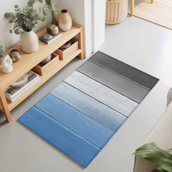 Farm Blue Gradient Wood Board Rectangle Rug 2'x3' Gray Wooden Washable Area Rugs for Living Room Bedroom Entryway Non Slip Entrance Door Mat Indoor Floor Carpet