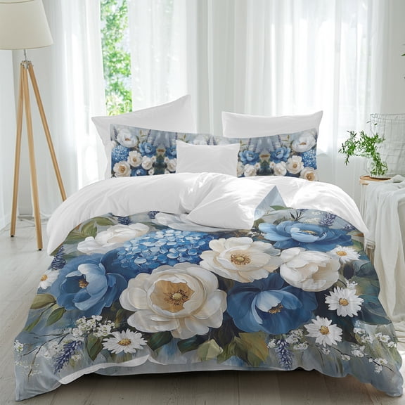 Farm Blue Hydrangea Full Size Bed Set,Oil Painting White Camellia Bedding for All Seasons,4 Pcs Bed Set,1 Quiltcover(86"x86"),1 Sheet(80"x116"),2 Pillowcases(30"x20")