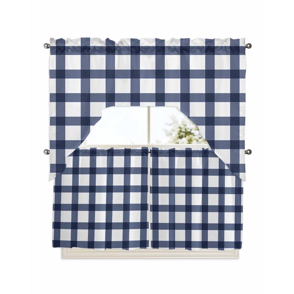 Farm Blue Plaid Kitchen Curtains Swag Valance and Tier Curtains Set 24 Inch Length, Rod Pocket Drape Panels Pair Swag Curtains for Bathroom/Cafe/Window
