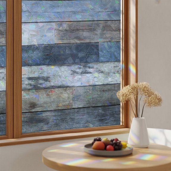 Farm Blue Vintage Wood Board Window Privacy Film,Heat Control Sun Blocking Static Cling Rainbow Film,Country Farmhouse Non-Adhesive Glass Sticker Door Window Tint,19.6" x 39.3"