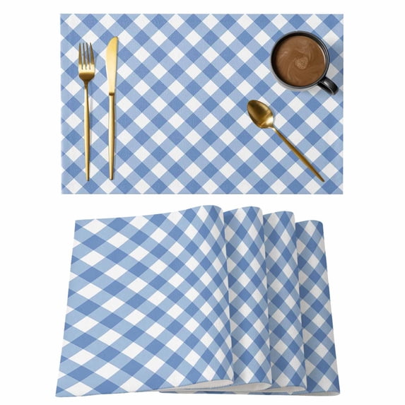 Farm Blue White Buffalo Plaid Placemats Set of 6,Wipeable Washable Table Mats for Dining Tables, Spring Easter Day Place Mats for Kitchen Event Party Tabletop Decor