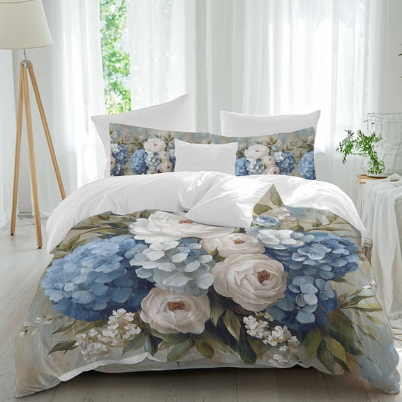 Farm Blue White Hydrangea Queen Size Bed Set,Watercolor Floral Art Bedding for All Seasons,4 Pcs Bed Set,1 Quiltcover(90"x92"),1 Sheet(94"x116"),2 Pillowcases(30"x20")