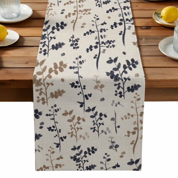Farm Brown Black Leaves Table Runner, Country Style Floral Leaf Rustic Linen Washable Kitchen Table Runners Dress Scarves for Dining Table Decorations Party, 13x108in