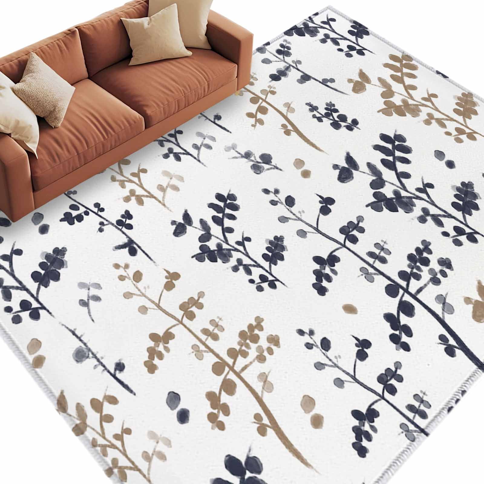 Farm Brown Black Leaves Washable Area Rug 5 x 7 ft Country Style Floral ...