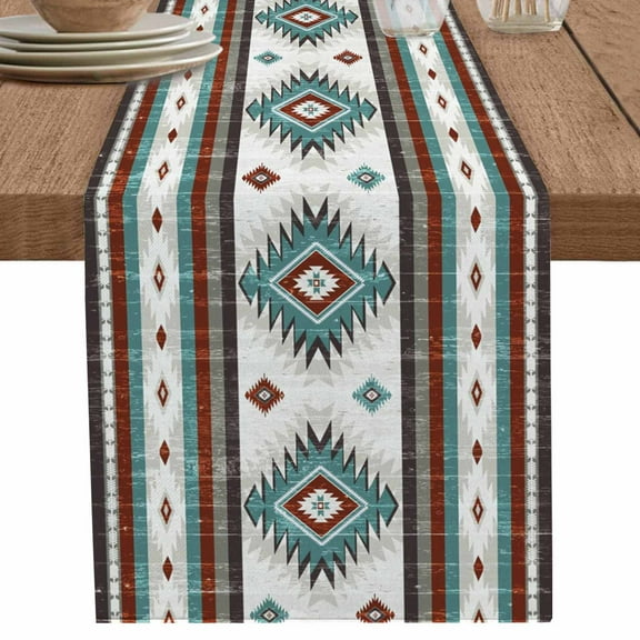 Farm Brown Bohemian Aztec Table Runner-36 Inch Long Turquoise Ethnic Wind Table Runners Linen Burlap Tablerunner for Kitchen Dining Room Holiday Party