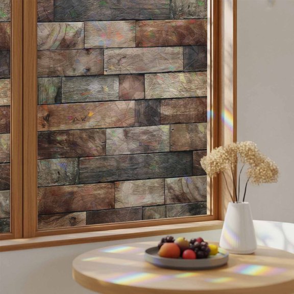 Farm Brown Wooden Plank Window Privacy Film,Heat Control Sun Blocking Static Cling Rainbow Film,Retro Country Wood Grain Non-Adhesive Glass Sticker Door Window Tint,19.6" x 39.3"