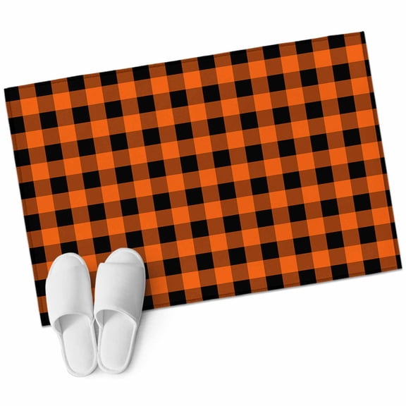 Farm Buffalo Plaid Bathroom Mat 2x3 FT, Non Slip Small Kitchen Mat, Orange Black Checkered Washable Soft Backed Front Door Throw Rug Non-Shedding Indoor Outdoor Doormat for Entryway Sink