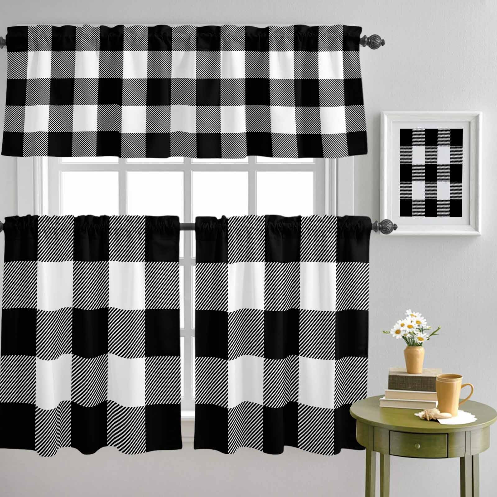 Farm Buffalo Plaid Curtain Tier and Valance Set 3 Piece, Rustic Black ...