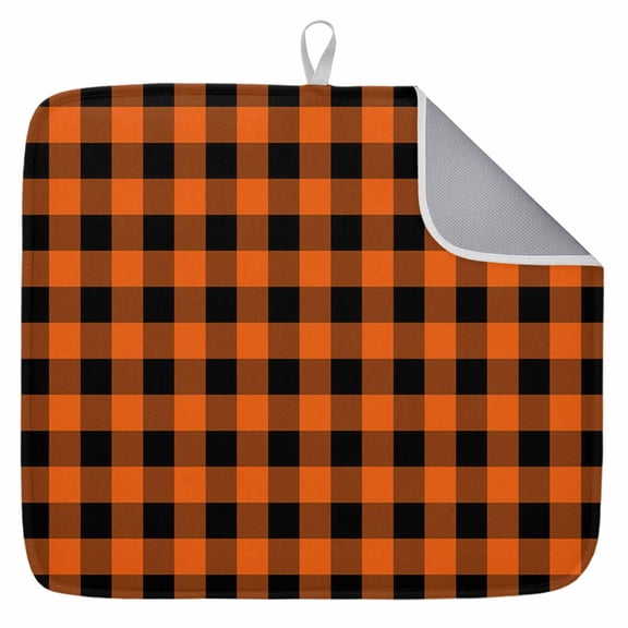 Farm Buffalo Plaid Dish Drying Mat for Kitchen Counter, Orange Black Checkered Dish Mat Drying Kitchen Mat for Sink Fridge Drawer Absorbent Dishes Drainer Mats Microfiber Drying Pad 1pcs 16"x18"