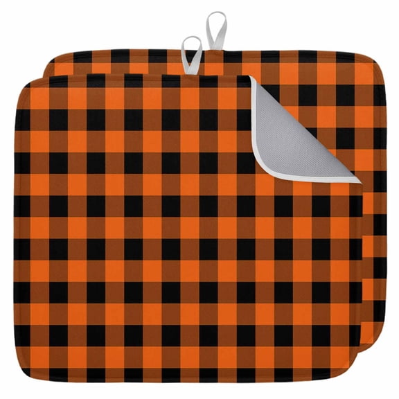 Farm Buffalo Plaid Dish Drying Mat for Kitchen Counter, Orange Black Checkered Dish Mat Drying Kitchen Mat for Sink Fridge Drawer Absorbent Dishes Drainer Mats Microfiber Drying Pad 2pcs 16"x18"