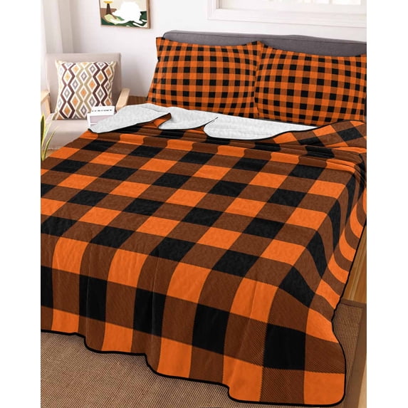 Farm Buffalo Plaid Full Size Down Alternative Comforter, Lightweight Comforter Quilt Bedding Set with Pillow Shams Orange Black Checkered All Seasons Bed Comforter Duvet Insert 78"x90"