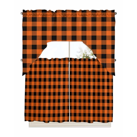 Farm Buffalo Plaid Kitchen Curtain and Valance Set 3 Pieces, Rod Pocket Short Tier Curtains 36 Inch Length, Orange Black Checkered Swag Topper Small Window Treatment for Cafe Bathroom Bedroom
